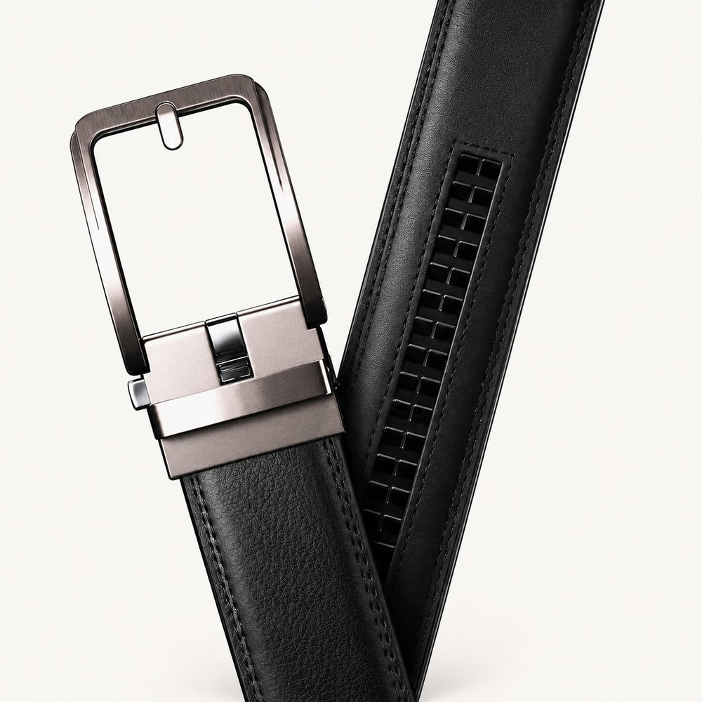 Ceinture Signature en cuir pleine fleur noir, boucle automatique en alliage de haute qualité